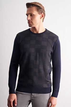 Koyu Lacivert Bisiklet Yaka Uzun Kol Cepsiz Comfort Fit Pamuklu Triko Kazak 1012255221