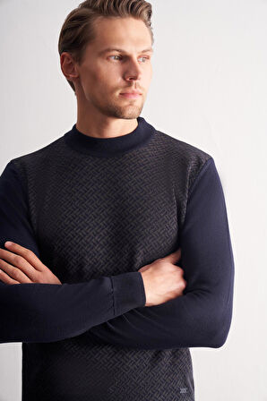 Koyu Lacivert Yarım Balıkçı Yaka Uzun Kol Cepsiz Comfort Fit Pamuklu Triko Kazak 1012255222