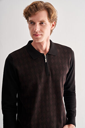 Siyah Fermuarlı Polo Yaka Uzun Kol Cepsiz Comfort Fit Pamuklu Triko Kazak 1012255223