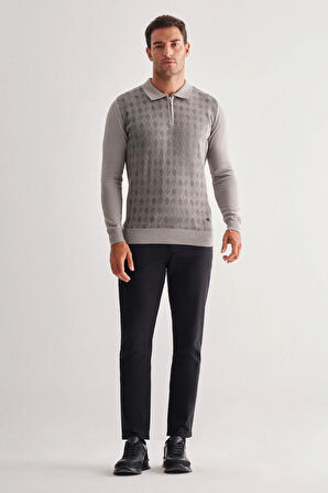 Açık Gri Fermuarlı Polo Yaka Uzun Kol Cepsiz Comfort Fit Pamuklu Triko Kazak 1012255223