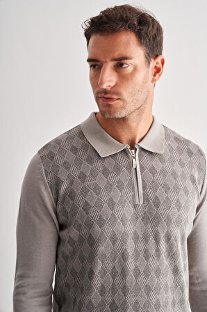 Açık Gri Fermuarlı Polo Yaka Uzun Kol Cepsiz Comfort Fit Pamuklu Triko Kazak 1012255223