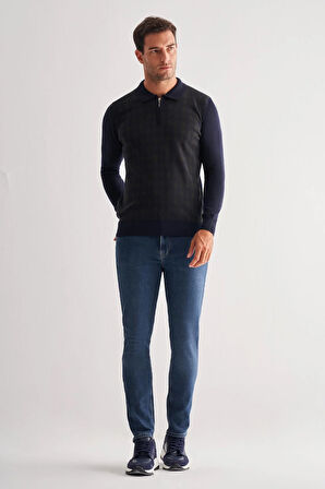 Koyu Lacivert Fermuarlı Polo Yaka Uzun Kol Cepsiz Comfort Fit Pamuklu Triko Kazak 1012255223