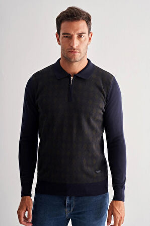 Koyu Lacivert Fermuarlı Polo Yaka Uzun Kol Cepsiz Comfort Fit Pamuklu Triko Kazak 1012255223