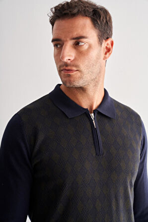 Koyu Lacivert Fermuarlı Polo Yaka Uzun Kol Cepsiz Comfort Fit Pamuklu Triko Kazak 1012255223