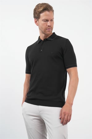 Siyah Polo Yaka Kısa Kol Örme Comfort Fit %100 Pamuk Kazak 1012260151