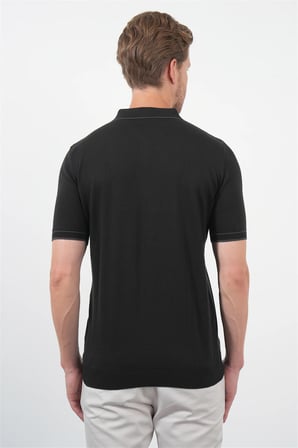 Siyah Polo Yaka Kısa Kol Örme Comfort Fit %100 Pamuk Kazak 1012260151