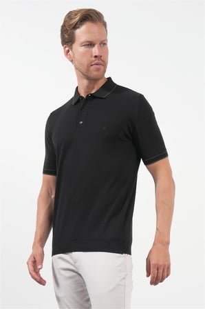 Siyah Polo Yaka Kısa Kol Örme Comfort Fit %100 Pamuk Kazak 1012260151
