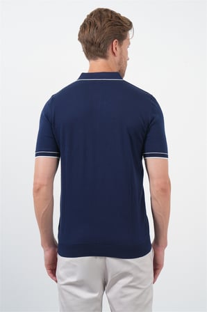 Lacivert Polo Yaka Kısa Kol Örme Comfort Fit %100 Pamuk Kazak 1012260151