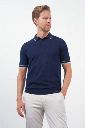 Lacivert Polo Yaka Kısa Kol Örme Comfort Fit %100 Pamuk Kazak 1012260151