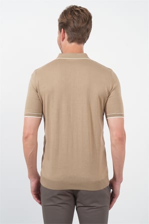 Bej Polo Yaka Kısa Kol Örme Comfort Fit %100 Pamuk Kazak 1012260151