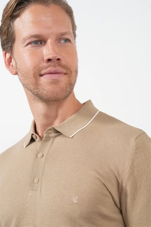 Bej Polo Yaka Kısa Kol Örme Comfort Fit %100 Pamuk Kazak 1012260151