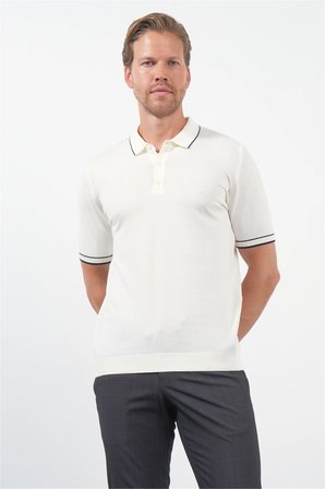 Krem Rengi Polo Yaka Kısa Kol Örme Comfort Fit %100 Pamuk Kazak 1012260151