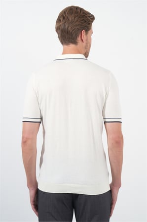 Krem Rengi Polo Yaka Kısa Kol Örme Comfort Fit %100 Pamuk Kazak 1012260151