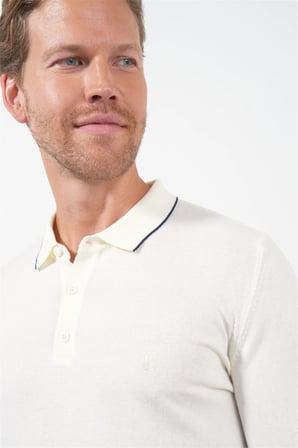 Krem Rengi Polo Yaka Kısa Kol Örme Comfort Fit %100 Pamuk Kazak 1012260151