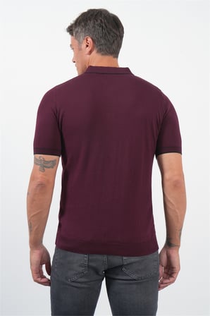 Bordo Polo Yaka Kısa Kol Örme Comfort Fit %100 Pamuk Kazak 1012260151