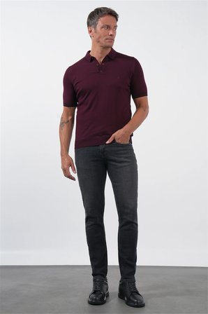 Bordo Polo Yaka Kısa Kol Örme Comfort Fit %100 Pamuk Kazak 1012260151