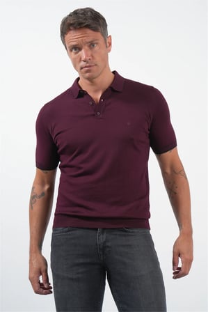 Bordo Polo Yaka Kısa Kol Örme Comfort Fit %100 Pamuk Kazak 1012260151
