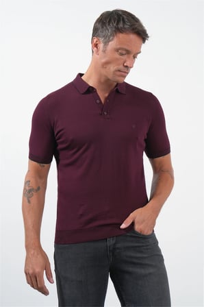 Bordo Polo Yaka Kısa Kol Örme Comfort Fit %100 Pamuk Kazak 1012260151