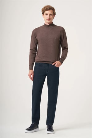 Kahverengi Balıkçı Yaka Uzun Kol Örme Comfort Fit Pamuklu Kazak 1012265001