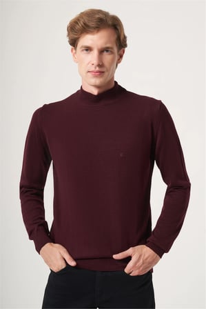 Bordo Balıkçı Yaka Uzun Kol Örme Comfort Fit Pamuklu Kazak 1012265001