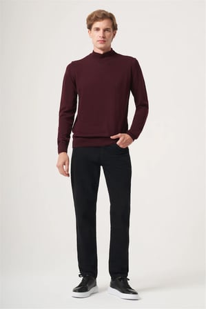 Bordo Balıkçı Yaka Uzun Kol Örme Comfort Fit Pamuklu Kazak 1012265001