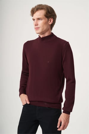 Bordo Balıkçı Yaka Uzun Kol Örme Comfort Fit Pamuklu Kazak 1012265001