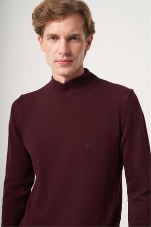 Bordo Balıkçı Yaka Uzun Kol Örme Comfort Fit Pamuklu Kazak 1012265001
