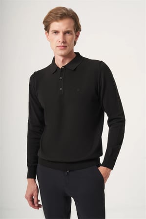 Siyah Polo Yaka Uzun Kol Örme Comfort Fit Pamuklu Kazak 1012265007