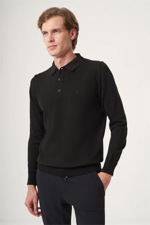 Siyah Polo Yaka Uzun Kol Örme Comfort Fit Pamuklu Kazak 1012265007
