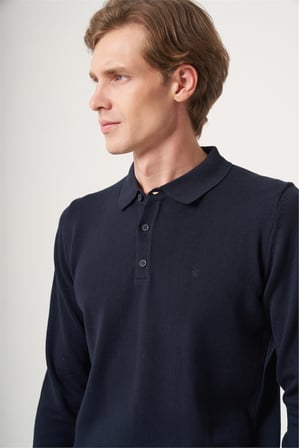 Lacivert Polo Yaka Uzun Kol Örme Comfort Fit Pamuklu Kazak 1012265007