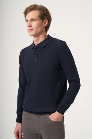 Lacivert Polo Yaka Uzun Kol Örme Comfort Fit Pamuklu Kazak 1012265007