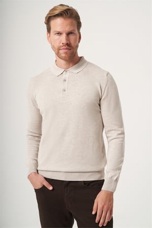 Bej Polo Yaka Uzun Kol Örme Comfort Fit Pamuklu Kazak 1012265007