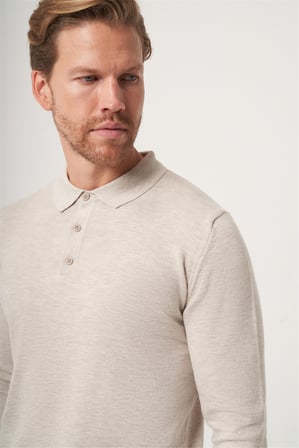 Bej Polo Yaka Uzun Kol Örme Comfort Fit Pamuklu Kazak 1012265007