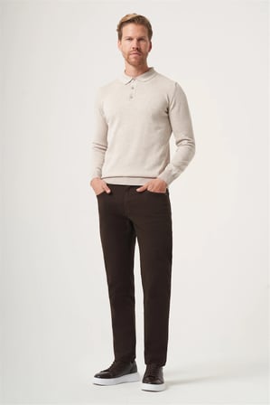 Bej Polo Yaka Uzun Kol Örme Comfort Fit Pamuklu Kazak 1012265007