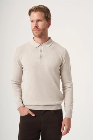 Bej Polo Yaka Uzun Kol Örme Comfort Fit Pamuklu Kazak 1012265007