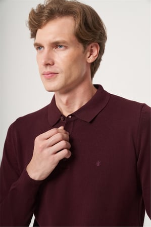 Bordo Polo Yaka Uzun Kol Örme Comfort Fit Pamuklu Kazak 1012265007
