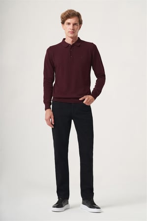 Bordo Polo Yaka Uzun Kol Örme Comfort Fit Pamuklu Kazak 1012265007