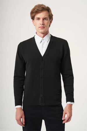 Siyah V Yaka Uzun Kol Örme Comfort Fit Pamuklu Hırka Triko 1012265016
