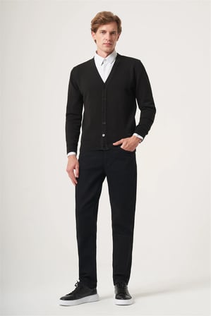 Siyah V Yaka Uzun Kol Örme Comfort Fit Pamuklu Hırka Triko 1012265016