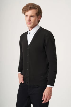 Siyah V Yaka Uzun Kol Örme Comfort Fit Pamuklu Hırka Triko 1012265016