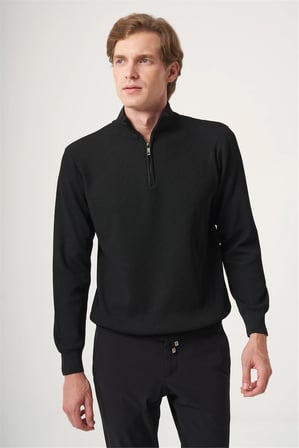 Siyah Dik Yaka Uzun Kol Örme Comfort Fit Pamuklu Kazak 1012265158