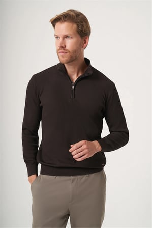 Kahverengi Dik Yaka Uzun Kol Örme Comfort Fit Pamuklu Kazak 1012265158