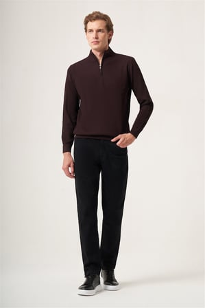 Bordo Dik Yaka Uzun Kol Örme Comfort Fit Pamuklu Kazak 1012265158
