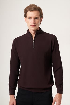 Bordo Dik Yaka Uzun Kol Örme Comfort Fit Pamuklu Kazak 1012265158