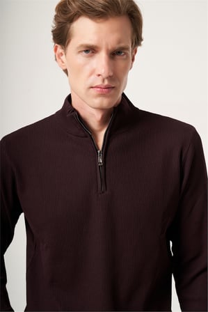 Bordo Dik Yaka Uzun Kol Örme Comfort Fit Pamuklu Kazak 1012265158