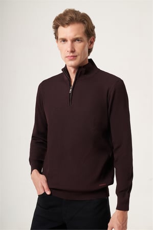 Bordo Dik Yaka Uzun Kol Örme Comfort Fit Pamuklu Kazak 1012265158