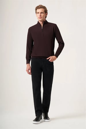 Bordo Dik Yaka Uzun Kol Örme Comfort Fit Pamuklu Kazak 1012265158