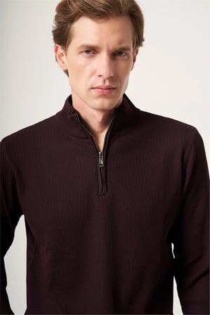 Bordo Dik Yaka Uzun Kol Örme Comfort Fit Pamuklu Kazak 1012265158