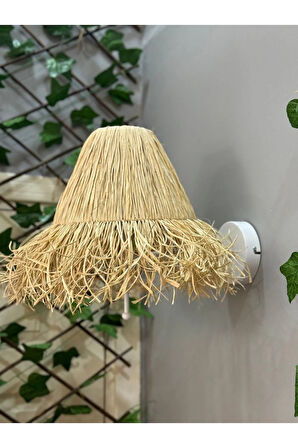 Bohem Hasır Rafya Saçaklı El Yapımı Beyaz E27 Ampül Kablolu Aplik