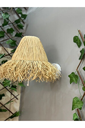 Bohem Hasır Rafya Saçaklı El Yapımı Beyaz E27 Ampül Kablolu Aplik